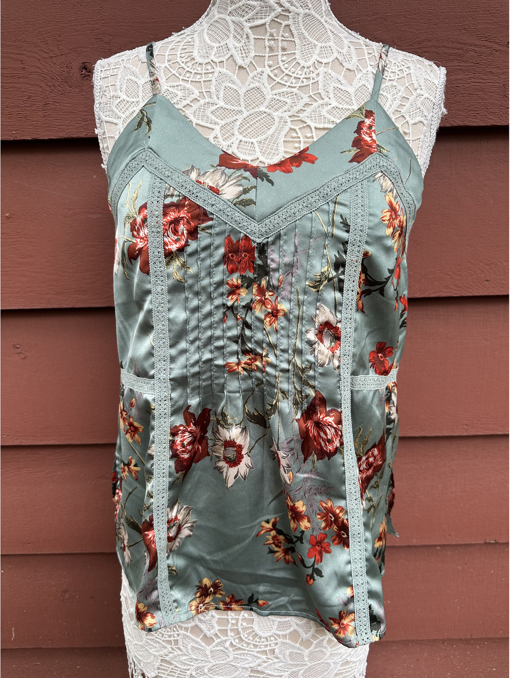 Doe & Rae Satin Floral Camisole Top in Teal with Lace Trim and Pintuck Pleats